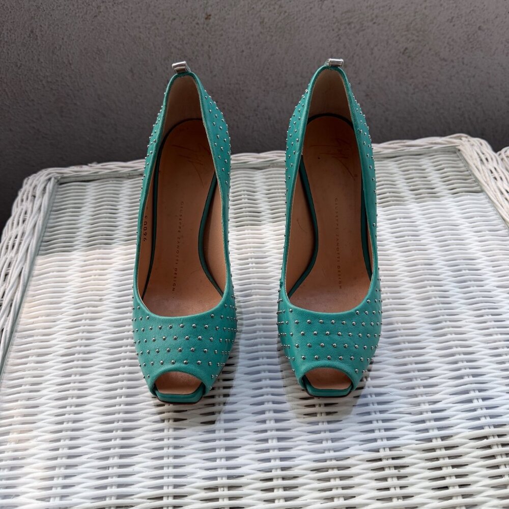 Giuseppe Zanotti Green Studded Peep Toe Heels Size 6 - Picture 2 of 7
